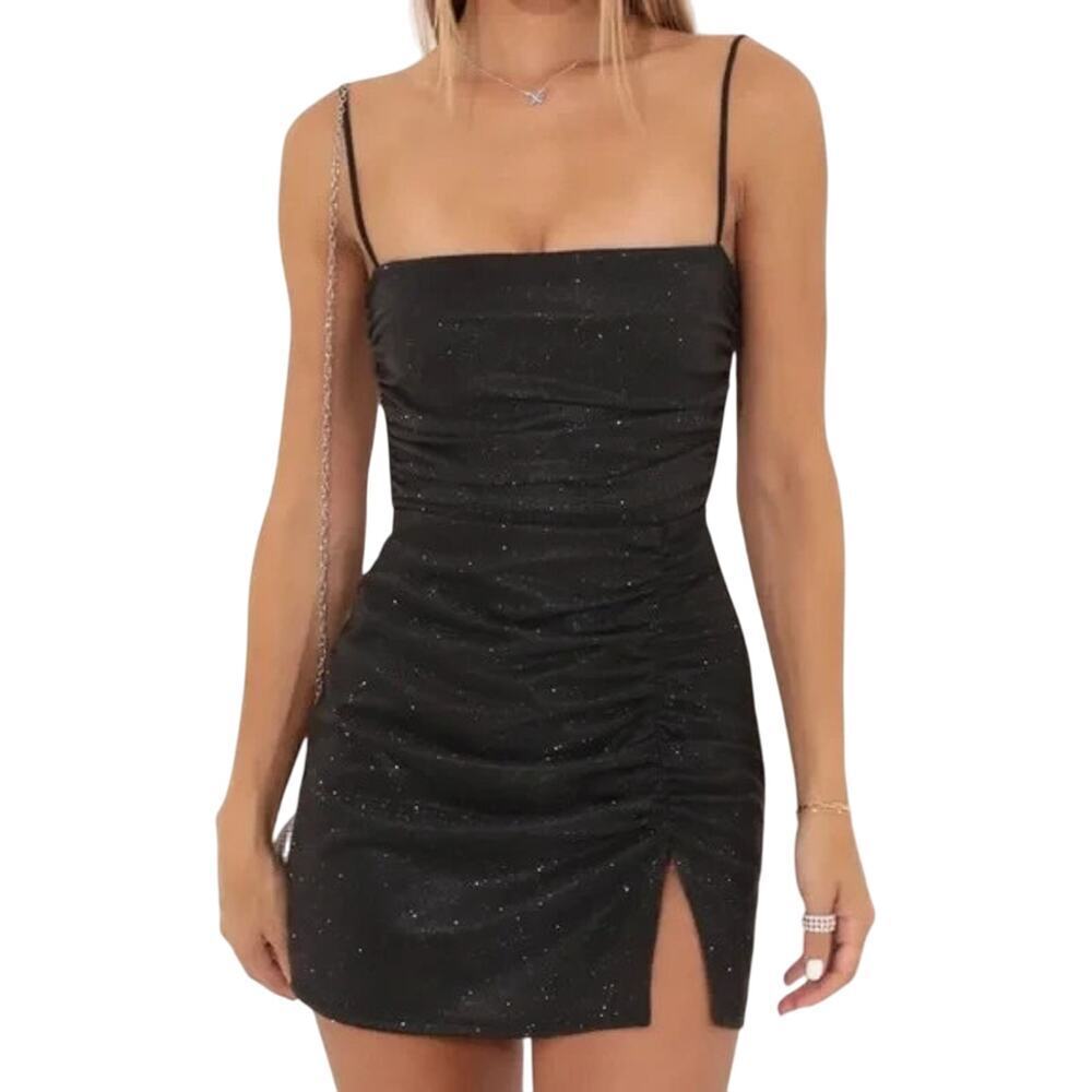 Lucy in the Sky Norma Black Glitter Mini Dress Size XS Strappy Tie Back HoCo